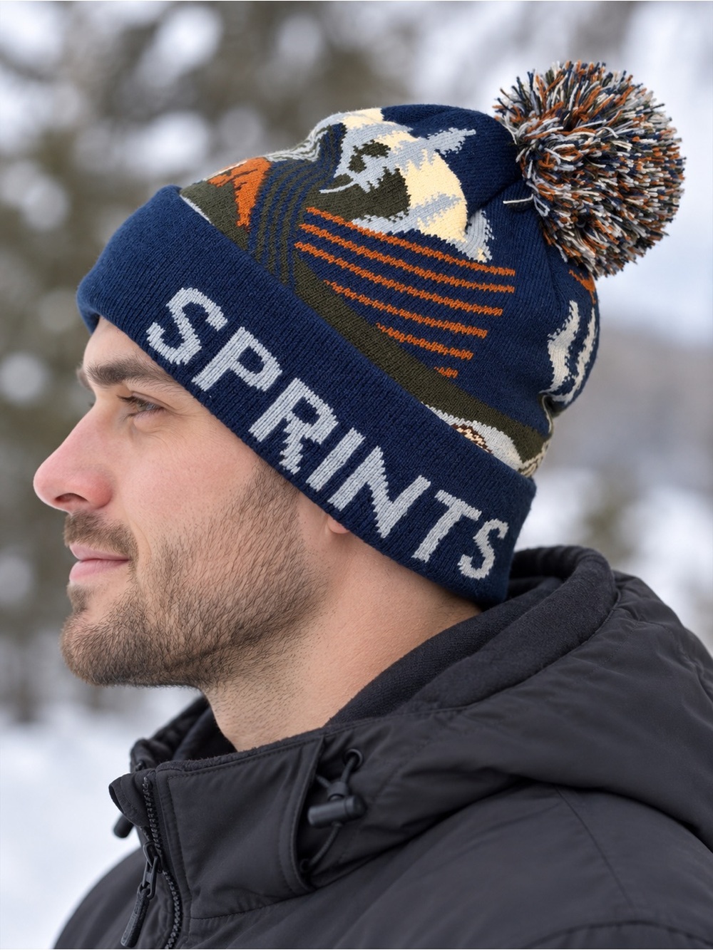 SPRINTS Outdoor Print Pom Pom Beanie Navy One Size Winter Hat
